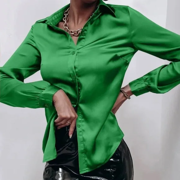 Satin silky button up down shirt sexy business professional casual holiday - Picture 9 of 15